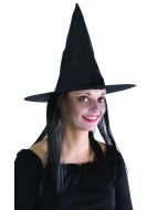 Chapeau de sorcière adulte - tissu noir avec cheveux noirs