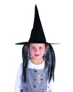 Chapeau de sorcière enfant - tissu noir avec cheveux noirs