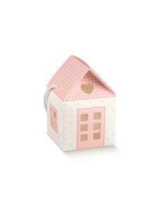 10 Boîtes à dragées maison rose et blanche à fleurs - grand modèle
